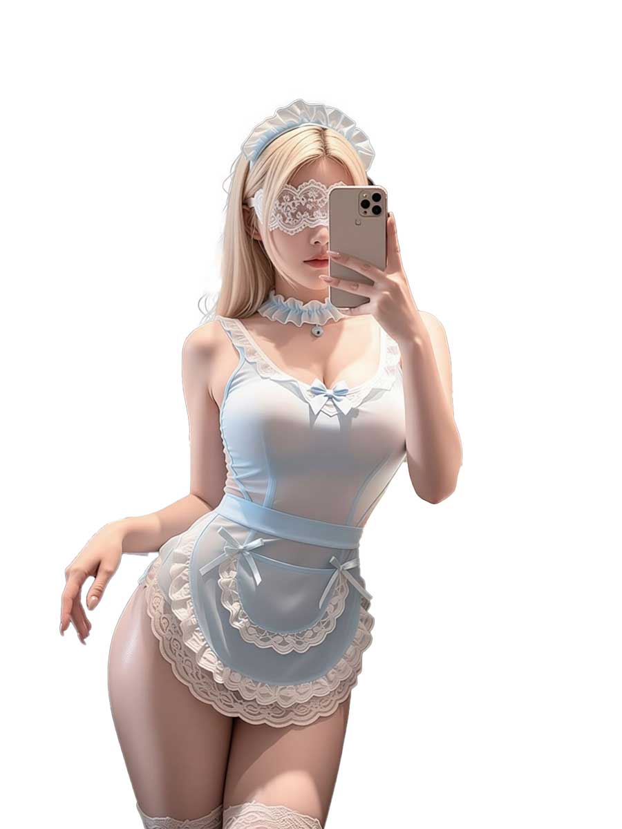 Lace Teddy Lingerie - Jimiko, blaues und weißes Spitzen-Teddy-Body, ärmelloses,