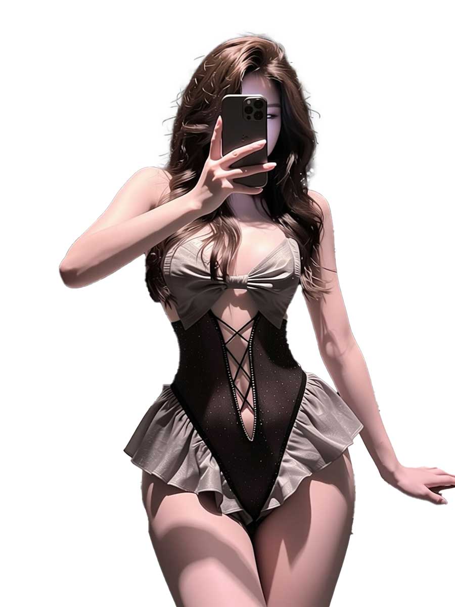 Lace Teddy Lingerie - jimiko Für Schwarz-Graues Rüschen-Dienstmädchen-Lingerie-Kostüm, Damen-Schleifen-Ausschnitt Schnür-Teddy-Bodysuit