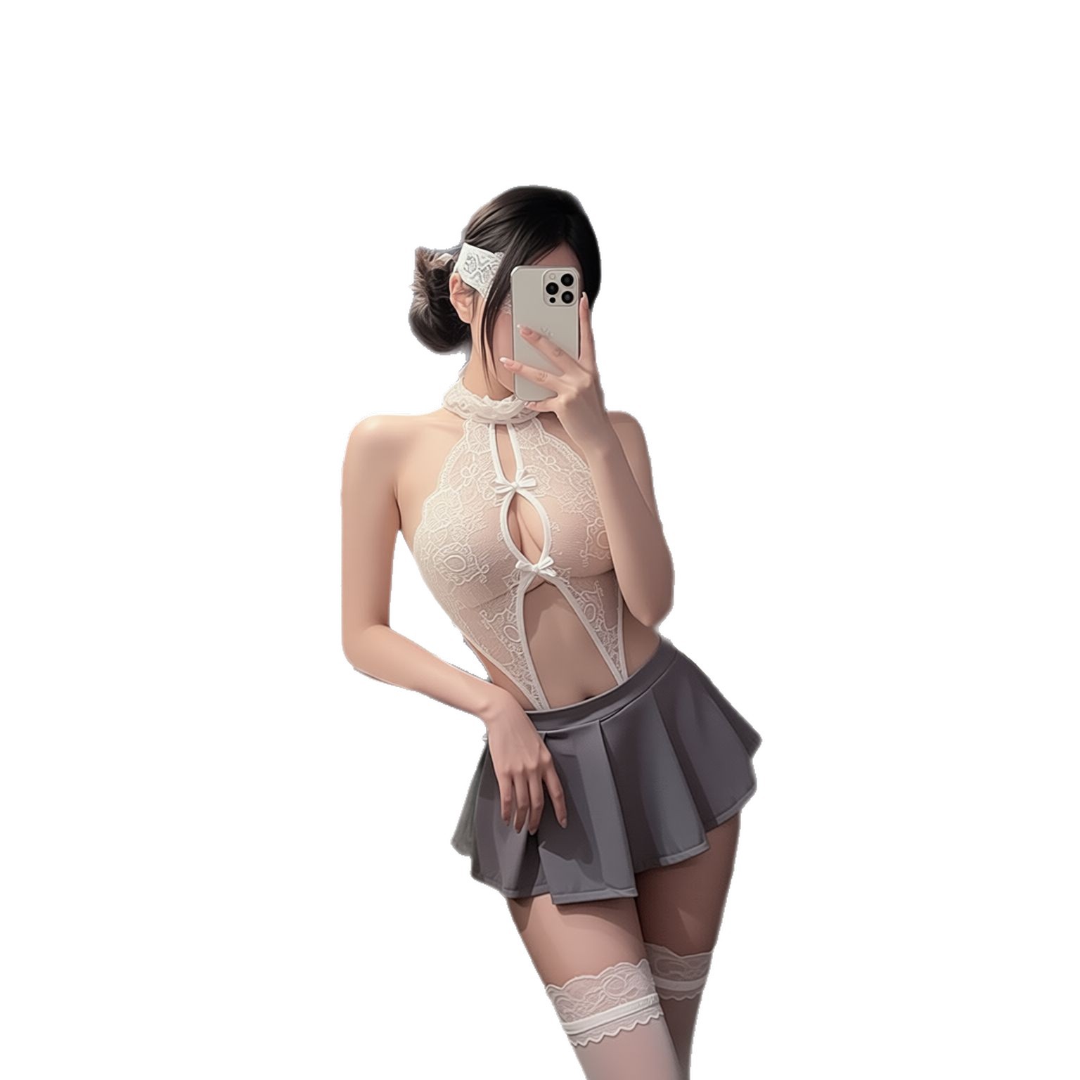 Lace Teddy Lingerie - jimiko Damen Weißer Spitzen-Neckholder-Bodysuit Grauer Plissierter