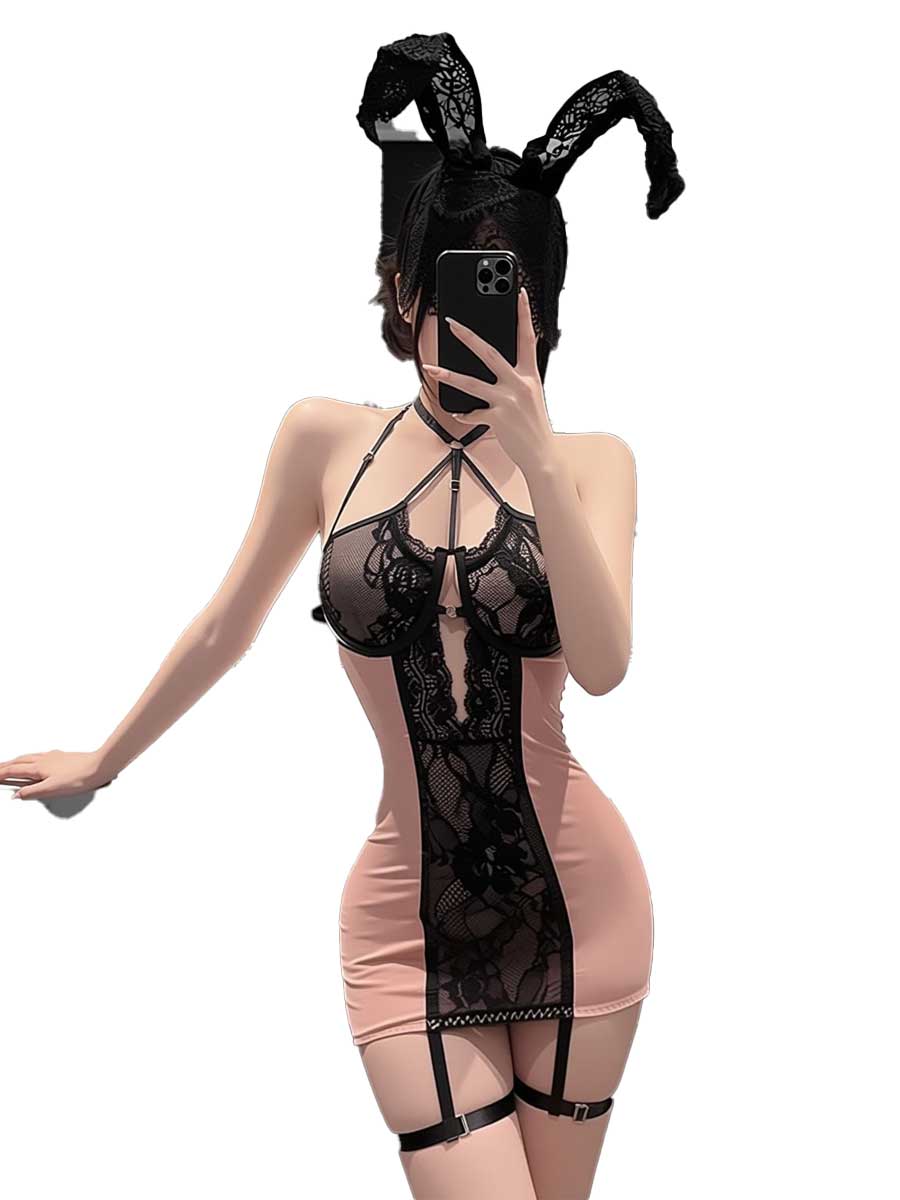 Lace Teddy Lingerie - jimiko Damen Rosa-Schwarzes Spitzen-Bodycon-Minikleid, Neckholder-Ausschnitt Mesh-Lingerie-Kostüm